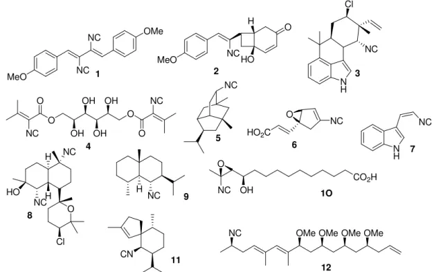 Figura  4. Exemplos  de  ocorrência  natural  de  isocianetos:  os  antibióticos  xantocilina  (1),  leptocilina  (2),  e  hapadolina  A  (3),  antimicótico,  antibiótico  e  antihipertensivo, respectivamente; A-32390 (4); Isocianopupukeana (5) extraído  d