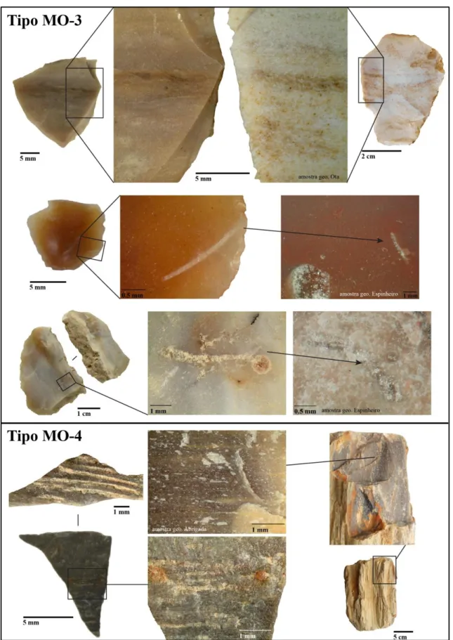 Figura  I-3.  Silicificações  identificadas.  MO3  e  MO4.  Comparação  entre  as  amostras  arqueológicas  e  o  referencial  geológico  (Matias e Neves, 2017)