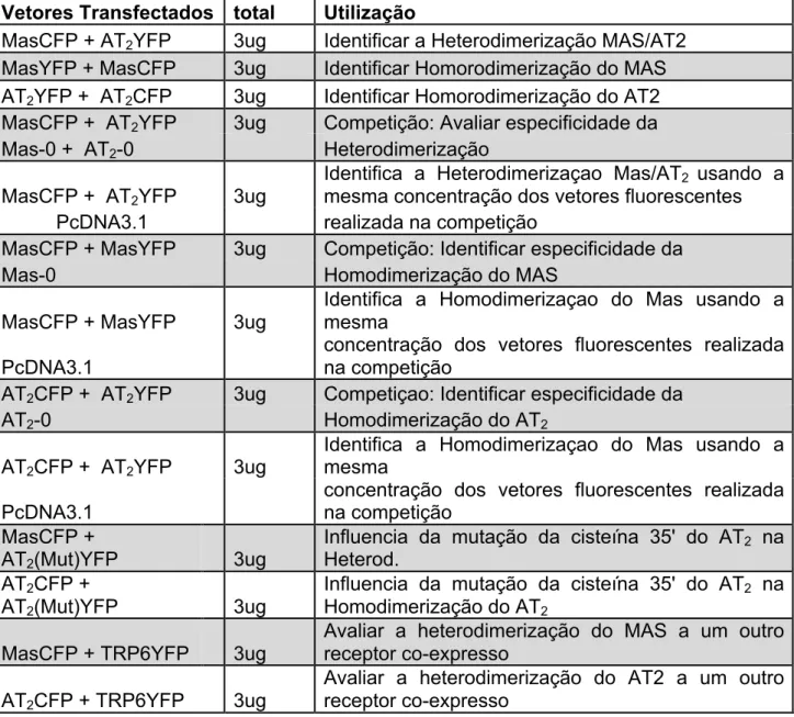 Tabela  4.  Combinação  dos  diferentes  vetores  transfectados  em  HEK  e  sua  finalidade no ensaio de FRET  