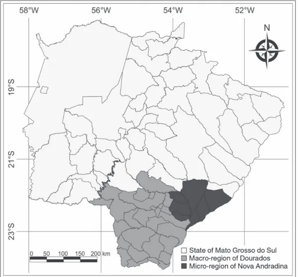 Figure 1.  Map of the geographical locaion of the micro-region of Nova Andradina, composed of seven municipaliies, part  of the macro-region of Dourados, in Mato Grosso do Sul, 2014.