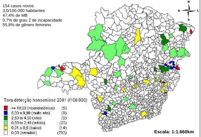 Figura 3 – Distribuição das taxas de detecção de hanseníase em menores             de 15 anos pelos municípios, Minas Gerais, 2002 