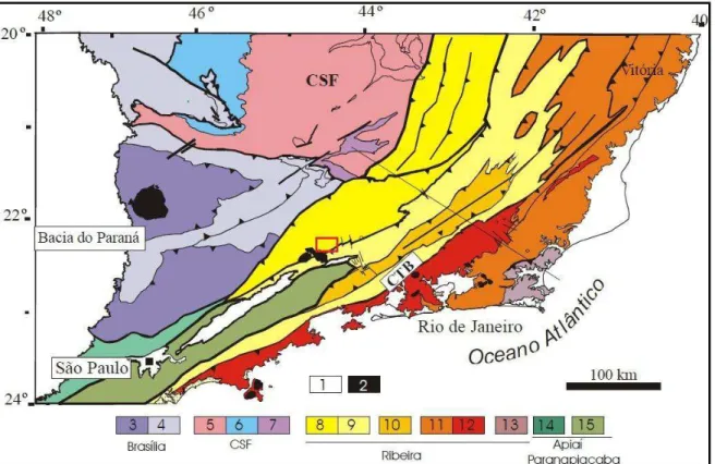 FIGURA  11  -  Mapa  tectônico  do  Segmento  central  do  Sistema  Orogênico  Mantiqueira