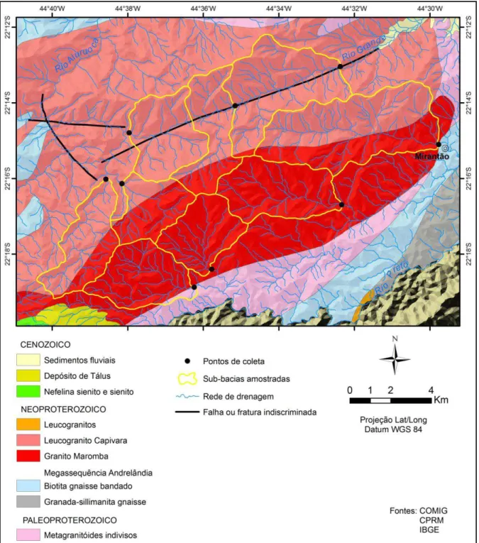 FIGURA 12 - Mapa geológico das sub-bacias amostradas e adjacências. 