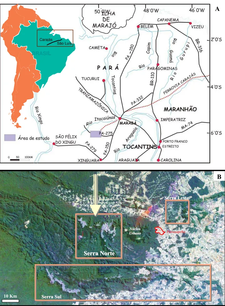 Figura 1 - A. Mapa de localização da Província Mineral Carajás, com as principais vias de acesso  (modificado de Macambira 2003)