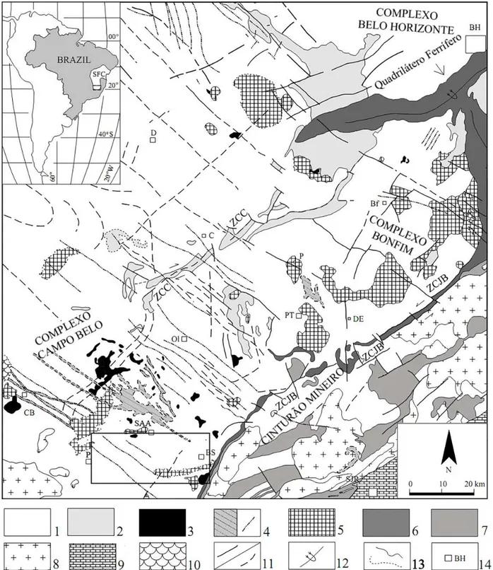 Figura  2.  Mapa  geológico  esquemático  da  porção  sul  do  Cráton  São  Francisco  mostrando  os  principais  corpos 