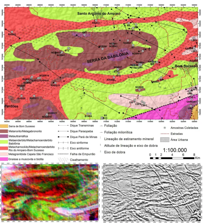 Figura  3.  Mapa  geológico  sugerido  para  área  de  estudo.  Abaixo,  mapas  aerogeofísicos,  sendo  à  esquerda  o  mapa 