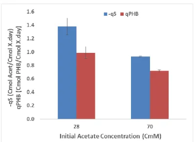 Fig 1 – Specific acetate uptake rate  and specific PHB  production rate  in relation to the acetate  concentration  at  the  beginning  of  the  accumulation  tests