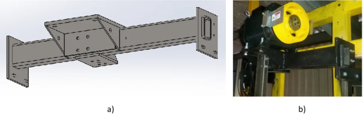 Figura 1 – Estrutura de suporte da máquina do elevador: a) Modelo 3D; b) Em funcionamento