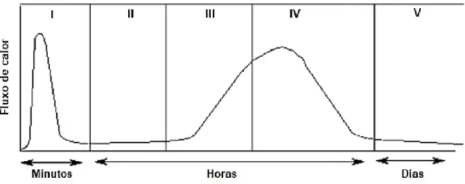 Figura 7 - Esquema da evolução do fluxo de calor na hidratação do cimento - Adaptado de: [25] 