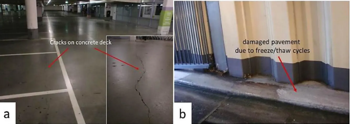Figura 14 - Localização de aplicação do sistema de reparação à base de bactérias: (a) fissuras observadas no  pavimento; (b) danos no pavimento por exposição à ação gelo/degelo [53] 