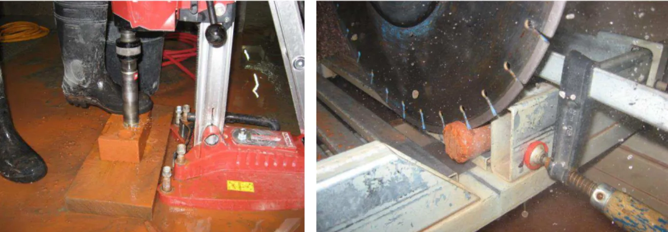 Figure 2.8 - Preparation of the ceramic brick geometry, cutting in cylindrical form (left) and  cutting the body for the specified height (right) 
