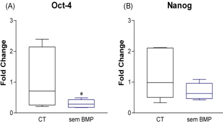 Gráfico 03 - Expressão gênica dos marcadores de indifrenciação celular Oct-4 (A) e Nanog 