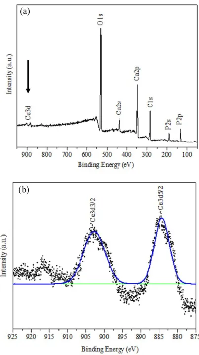 Figure 5. XPS spectrum for (a) Ce-HAp and (b) binding energy (B.E) corresponding to the 3d5/2 and  3d3/2 pairs of spin-orbit doublets