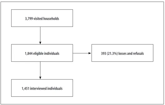 Figure 1 – Description of the process of individuals' inclusion in the study on influenza vaccination in elderly of the  municipality of Pelotas, Rio Grande do Sul, 2014