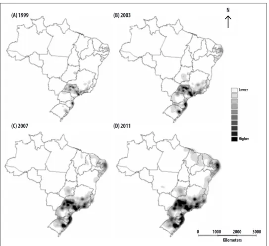 Figure 4 – Surface density of the AIDS prevalence (per 100,000 inhabitants) by Kernel method, Brazil, 1999, 2003,  2007 and 2011(A) 1999(C) 2007 (B) 2003(D) 2011 0 1000 2000 3000KilometersLowerHigherN