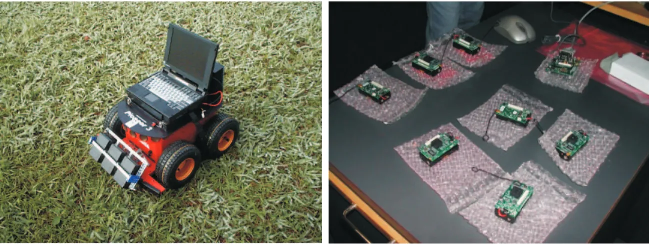 Figura 1.1: Robˆo Pioneer e n´os sensores do Projeto Sensornet [Sensornet, 2004]. O robˆo, na imagem `a esquerda, est´a preparado para realizar uma tarefa de deposi¸c˜ao de n´os sensores (caixas pretas) em posi¸c˜oes espec´ıficas