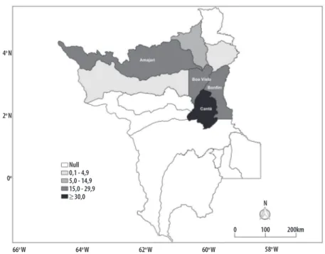 Figure 1 – Suicide mortality rates (per 100,000 inhabitants) among indigenous people, according to  municipalities, Roraima, 2009-2013