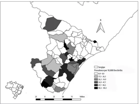 Figure 2 – Distribution of microcephaly prevalence per municipality Sergipe, September-November 2015
