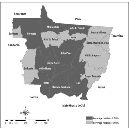 Figure 1 – Health Regions and coverage medians of the Brazilian Information System on Live Births (Sinasc) in the  state of Mato Grosso, 2000-2012