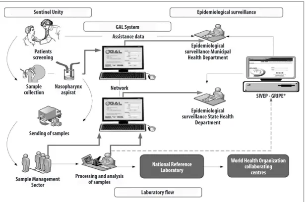 Figure 1 –  Dataflow of the Laboratory Environment Management System (GAL), integrated to the Sentinel  Surveillance of Influenza-Like Illness (SSILI)