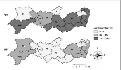 Figure 2 – Abandonment rates (%) of tuberculosis treatment in the Regional Administrations of Health in the state  of Pernambuco, Brazil, in 2001 and 2014