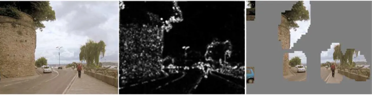 Figure 2.7. An example of saliency detector. From left to right, the orig- orig-inal image; the saliency map; and candidate regions in the saliency map