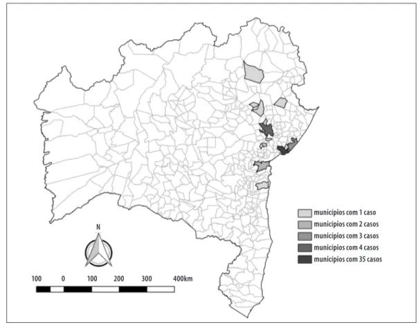 Figura 2 – Número de casos de síndrome de Guillain-Barré e outras manifestações neurológicas com provável  infecção prévia por vírus Zika, dengue ou chikungunya, segundo município de residência, Bahia,  março a agosto de 2015