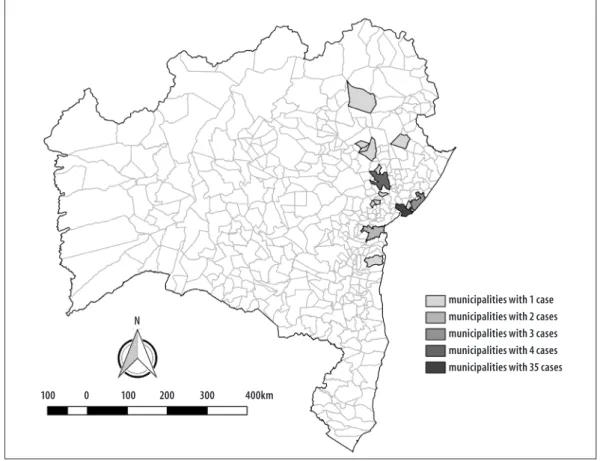 Figure 2 – Number of cases of Guillain-Barré syndrome and other neurological manifestations with probable  prior infection with Zika virus, dengue or chikungunya, according to municipality of residence, Bahia,  March to August 2015