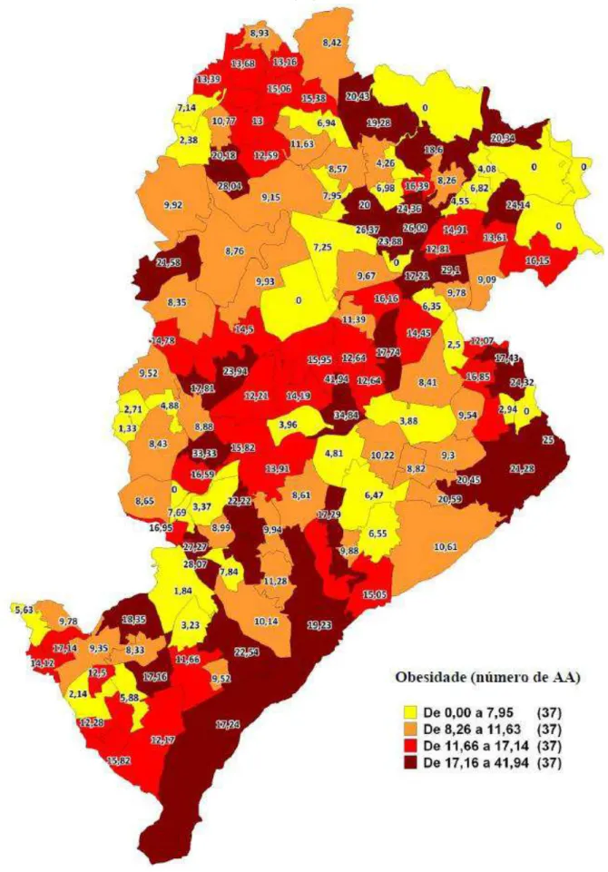 Figura 5 - Mapa da prevalência de obesidade (em quartis da prevalência de  obesidade), de acordo com as áreas de abrangência - Belo Horizonte - MG - 