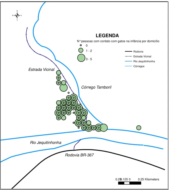 FIGURA 5 – Mapa da distribuição do número de indivíduos que relataram contato direto com  gatos na infância dentro de casa por domicílio, em São Pedro Jequitinhonha, MG