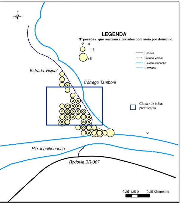 FIGURA 6 - Mapa da distribuição do número de indivíduos que realizam atividade com areia  por domicílio, em São Pedro Jequitinhonha, MG