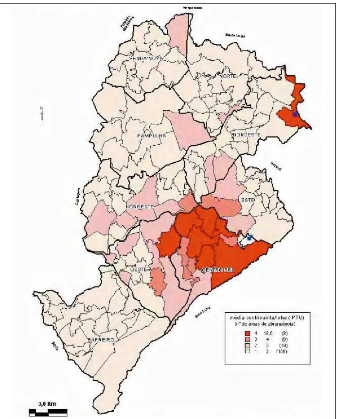 Figura 2 – Estimativa da verticalização de edificações em Belo Horizonte a partir da média de contribuintes do  Imposto sobre Propriedade Predial e Territorial Urbana (IPTU) por lotes na área de abrangência (2004)