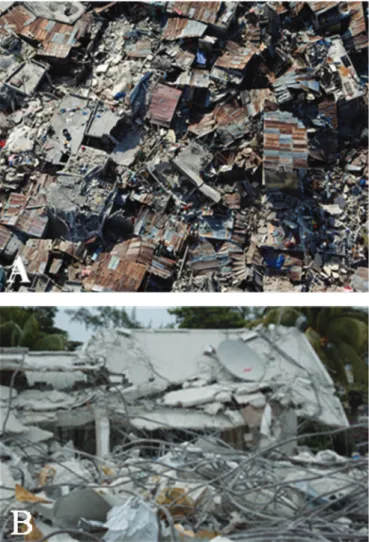 Figura 1. A. Visão aérea da destruição de um conjunto popular habitacional após  o terremoto
