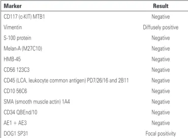 Figure 1. Computed tomography revealed a tumor in the greater curvature of the  stomach, with heterogeneous contrast uptake, measuring 9.2x7.7cm