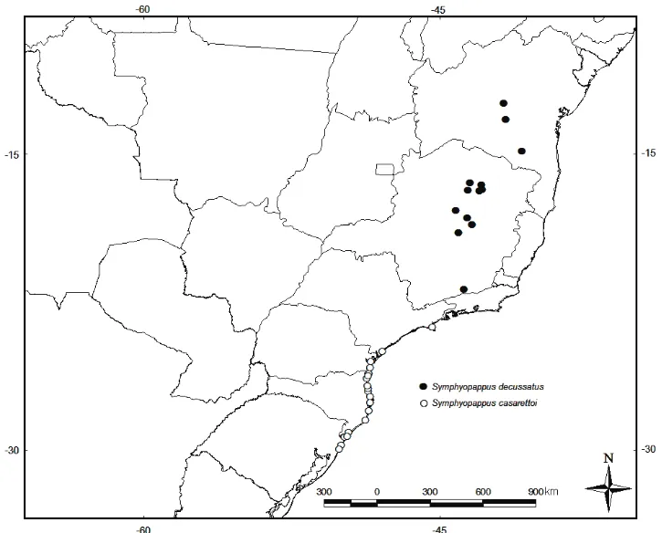 FIGURA 7: Abrangência da distribuição geográfica de Symphyopappus casarettoi (círculo vazio) e 