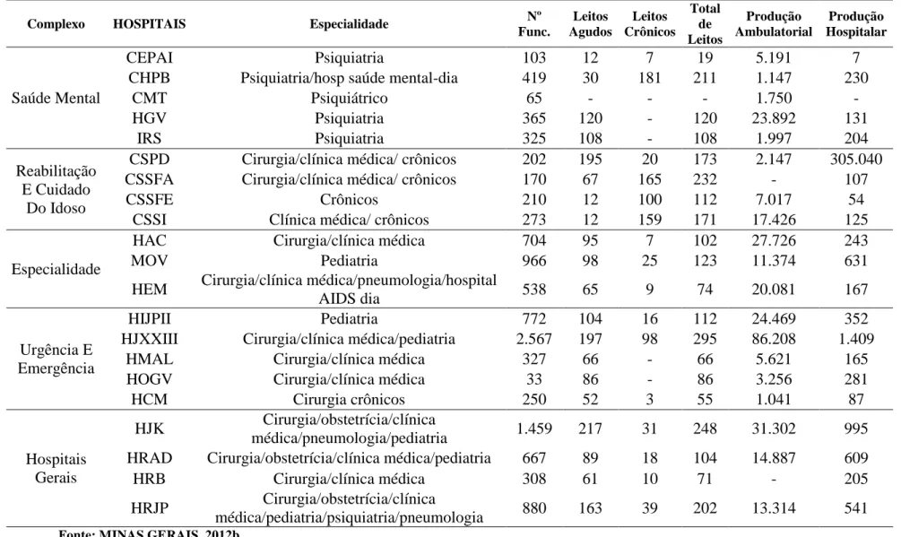 Tabela 1  – Perfil dos Hospitais da Fundação Hospitalar do Estado de Minas Gerais - 2011 