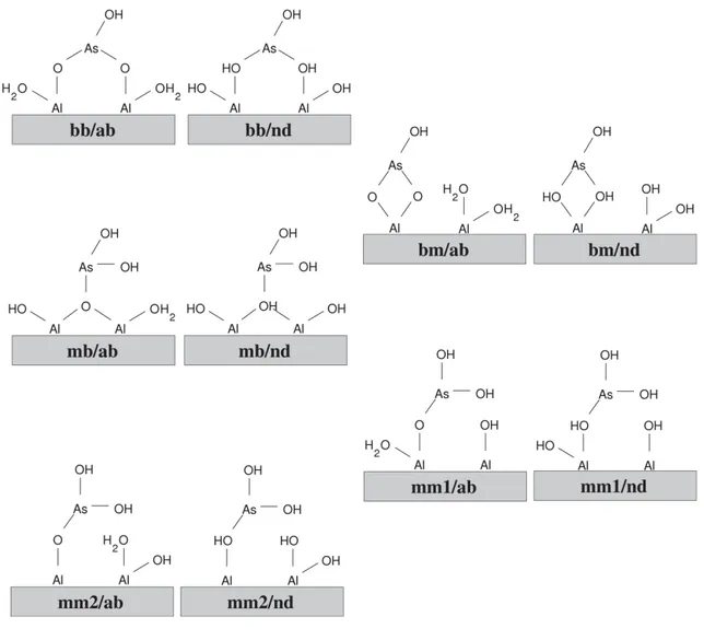 Figure 2.1: Different adsorption complexes of As(III) on gibbsite investigated using the  theoretical approach