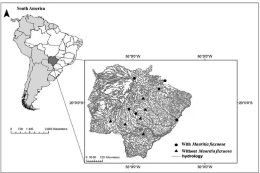 Fig. 1: Locations of the 12 wetlands with (MP) and without Mauritia flexuosa (MA) sampled in 