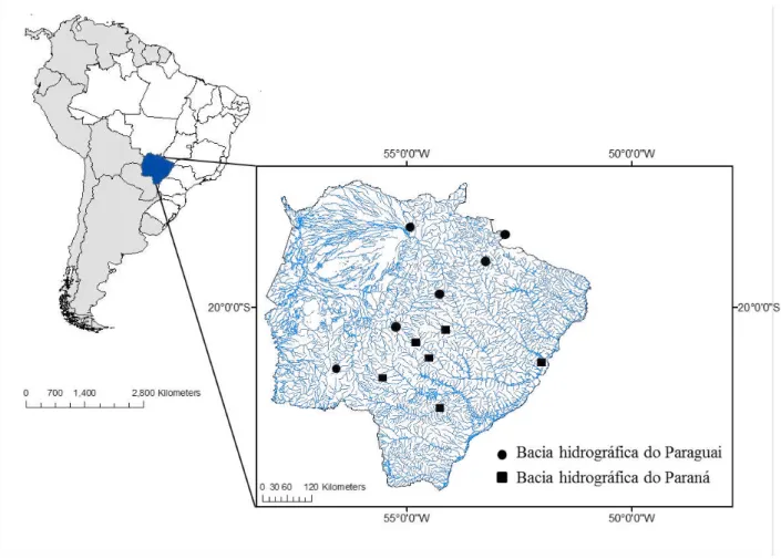 Figura 1. Situação geográfica das veredas, áreas úmidas de Cerrado, amostradas no estado de Mato 