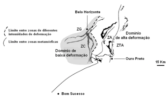 Figura 3.5: Prolongamento da linha que divide as zonas de cummingtonita (ZC) e  actinolita (ZA) mostrando a região de Bom Sucesso