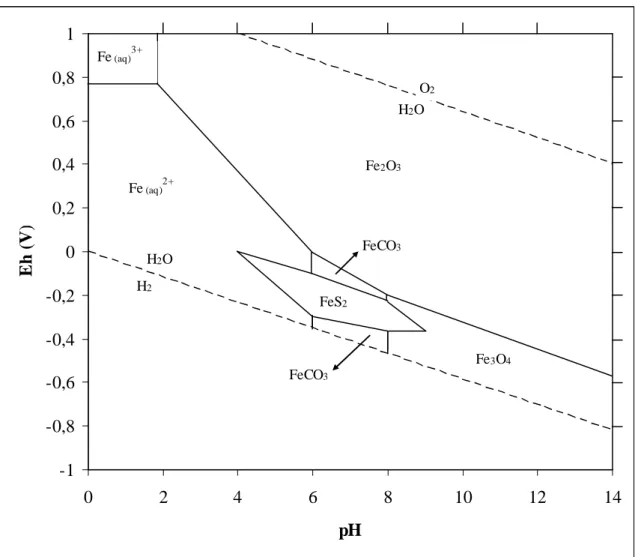 FIGURA 3.2: Relações de estabilidade de minerais de ferro em água (25ºC, 1 atm; log  [S] total = -6; log [CO2] total = 0)