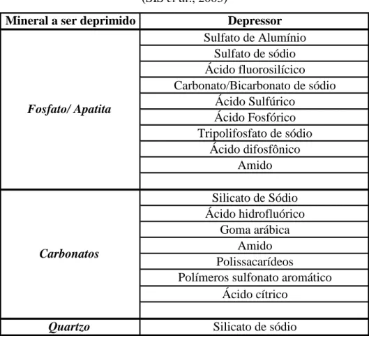 TABELA III.3: Depressores usados na flotação de minerais levemente solúveis             (SIS et al., 2003) 