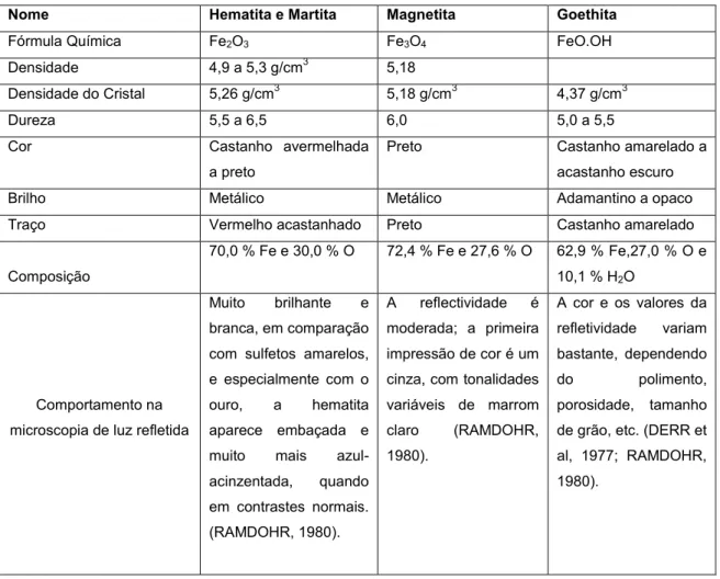 Tabela 3.3- Principais características dos óxidos hidróxidos de ferro. 