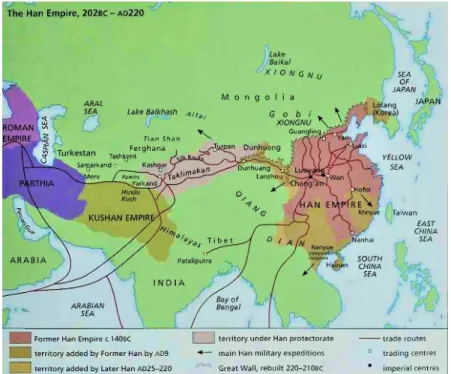 Figura 1 - Império Han (202 a. C. – 220 d.C.), restantes tribos e rotas existentes 1 .