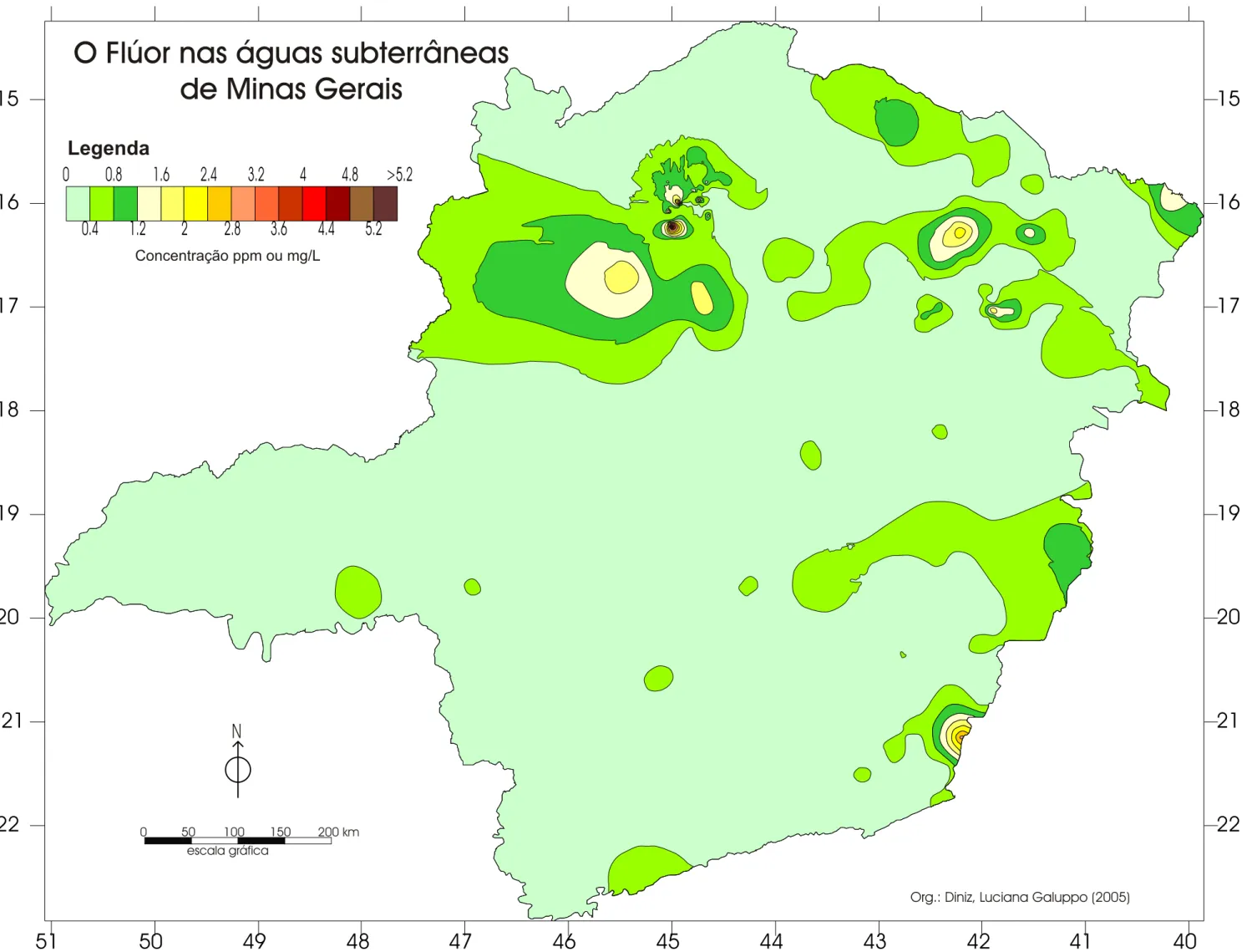 Figura  17:  Concentração  de  flúor  nas  águas  subterrâneas  dos  383  poços  tubulares  georeferenciados  em  Minas  Gerais.