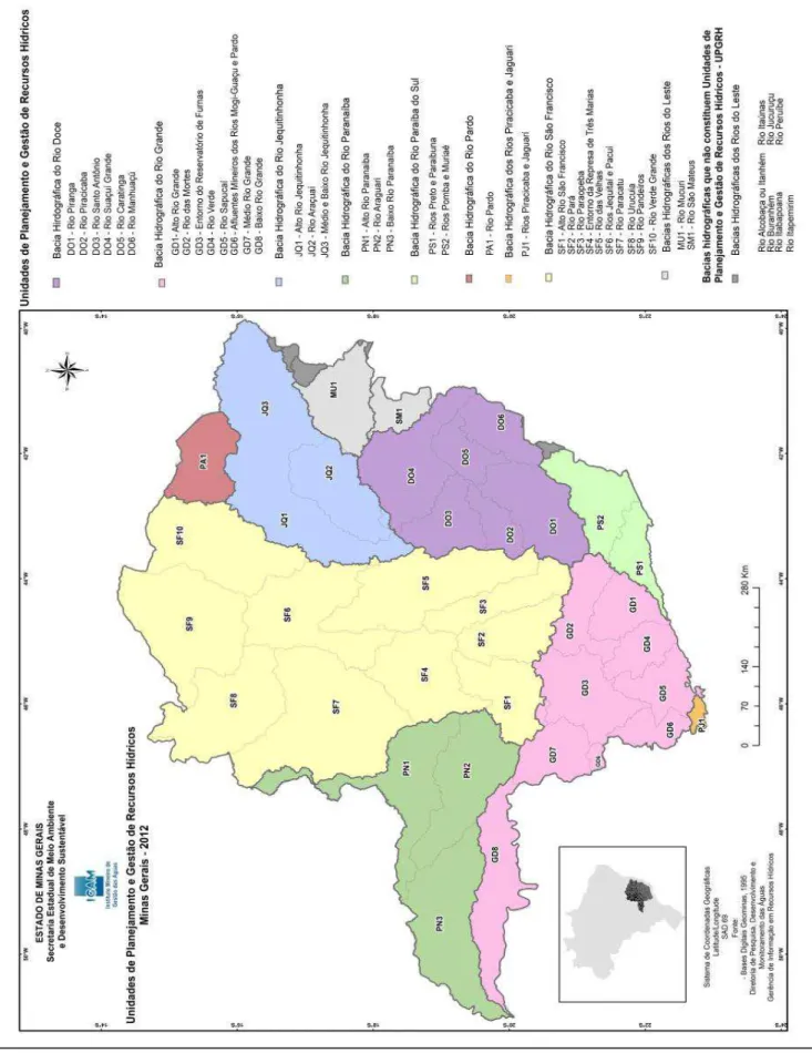 Figura 2: Unidade de Planejamento e Gestão dos Recursos Hídricos de Minas Gerais   Fonte:  Instituto  Mineiro  de  Gestão  da  Água  (IGMA):  Disponível  em:  &lt;http://www.igam.mg.gov.br/images/stories/mapoteca/upgrhs-minas-gerais.pdf&gt;