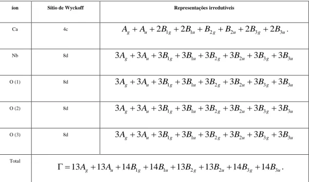Tabela 2.7- Descrição da localização dos átomos com suas respectivas representações irredutíveis para a  simetria ortorrômbica Pbcn do niobato de cálcio, Z = 4