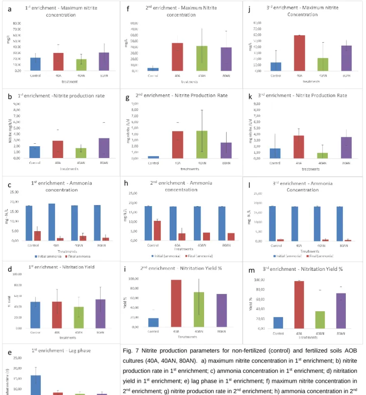 Fig.  7  Nitrite  production  parameters  for  non-fertilized  (control)  and  fertilized  soils  AOB  cultures (40A, 40AN, 80AN)