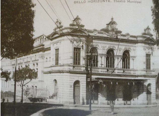 Foto da fachada do Teatro Municipal de Belo Horizonte, situado na Rua Goiás, esquina de Rua Bahia,  onde, mais tarde, se instalou o Cinema Metrópole – sem data