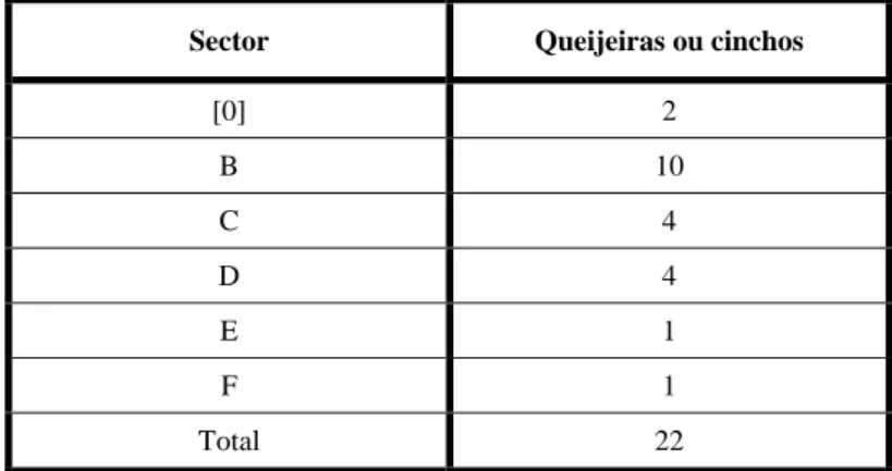 Tabela 7:  Quantidade de fragmentos de queijeiras ou cinchos  analisados por sector de escavação